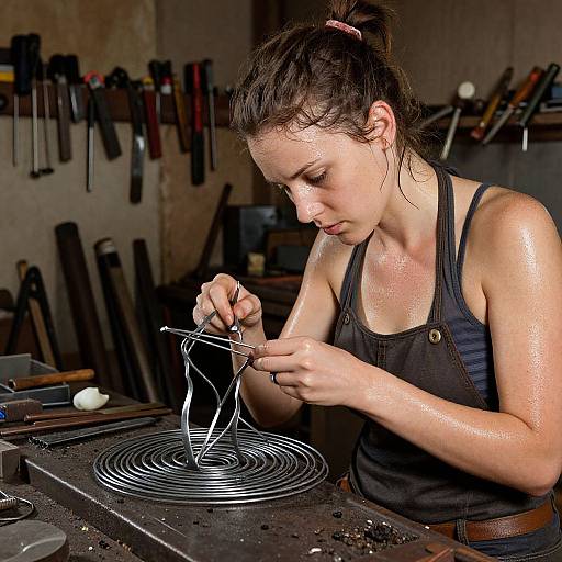Photograph of a focused, sweaty, brown-haired woman in a black tank top and overalls, bending metal wire on a workbench in a dim