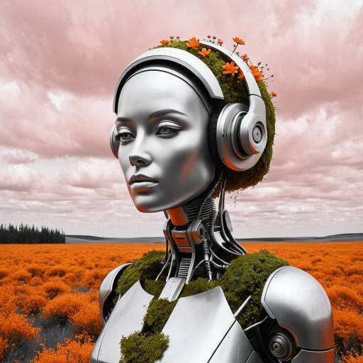 Silver Robot Woman with Moss in Orange Prairie