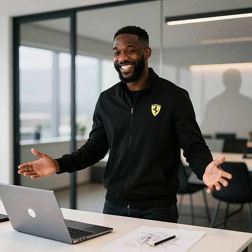 Smiling Man with Ferrari in Modern Room