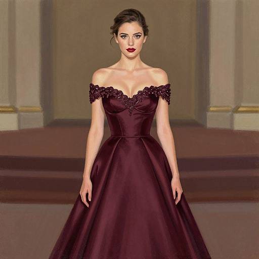 Digital art of a woman with fair skin, dark hair in an updo, wearing an off-shoulder, dark purple, lace-trimmed