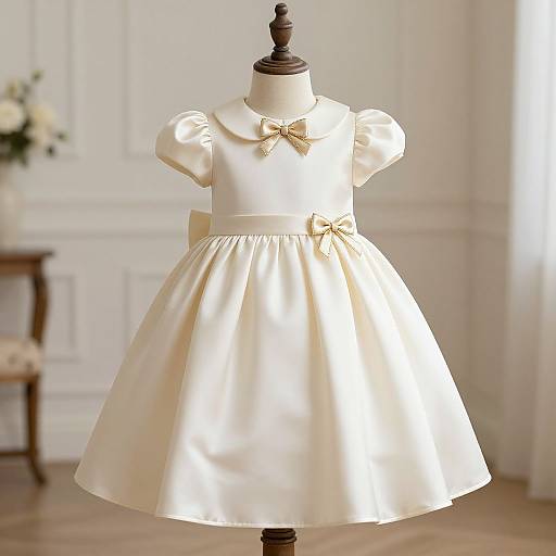 Photograph of a cream-colored, satin children's dress with puffed sleeves, bow tie, and waist bow, displayed on a mannequin in