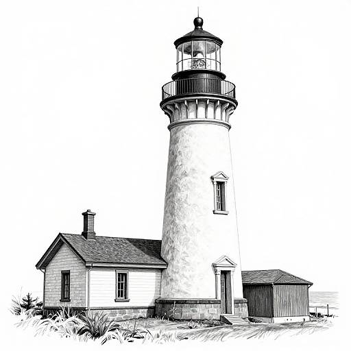 Black-and-white digital drawing of a tall lighthouse with a cylindrical tower, connected to a small house and shed, set against a plain white background.
