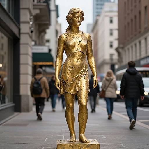 Photograph of a golden, cracked statue of a woman in a short dress, standing on a city sidewalk with blurred pedestrians in the background.