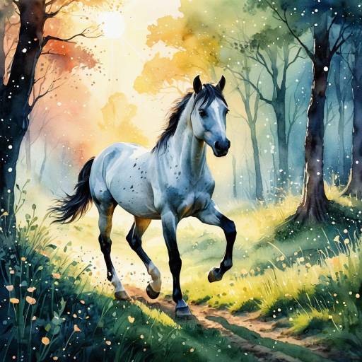 Watercolor Baby Horse Galloping in Enchanted Sunrise Glade Watercolor Baby Horse Galloping in Enchanted Sunrise Glade