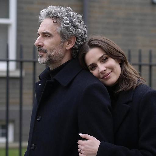 Photograph of a gray-haired, bearded man in a black coat, with a smiling woman in a black coat leaning affectionately on his shoulder,