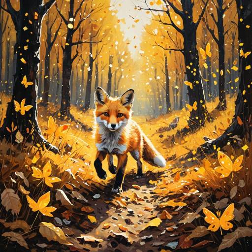 Fox Cub Chasing Butterflies in Autumn Forest Fox Cub Chasing Butterflies in Autumn Forest