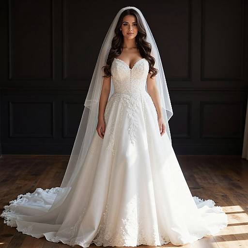 Photograph of a beautiful bride with long dark hair, wearing a white lace wedding dress and veil, standing in a dimly lit room with wooden floors