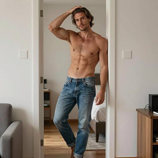 Fit Shirtless Man Standing in Bedroom Doorway