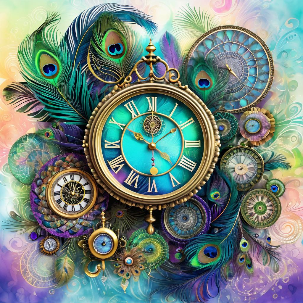 Surreal Peacock Clock with Whimsical Patterns