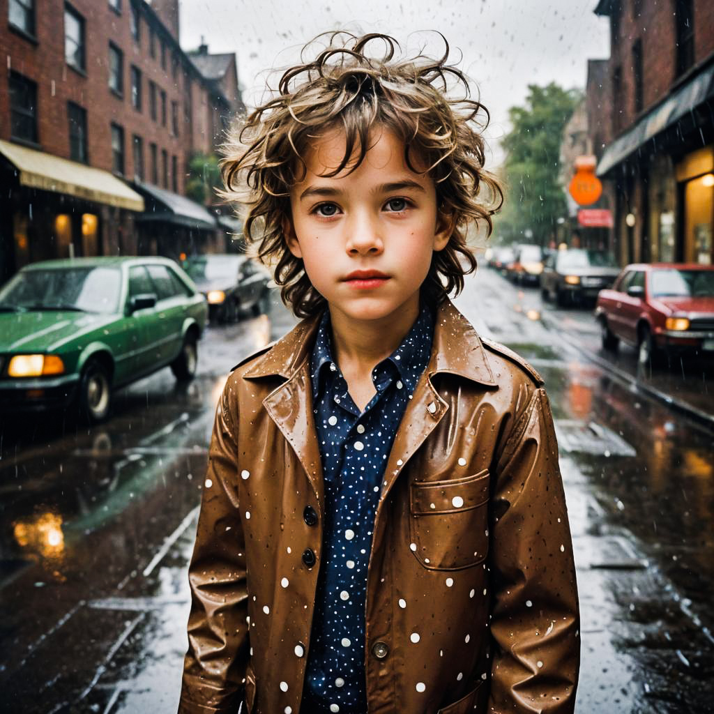 Delighted Young Boy in Vintage Rainy Outfit