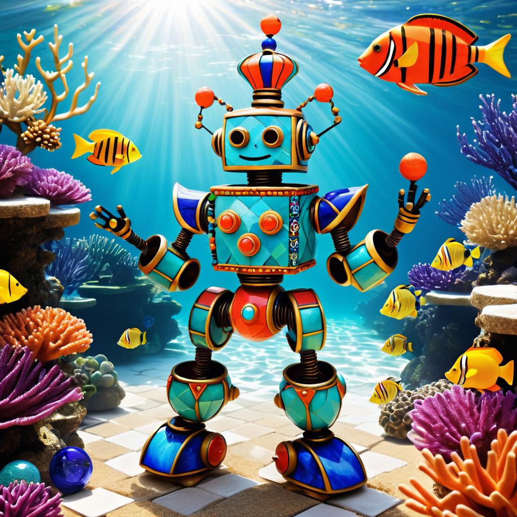 Whimsical Robot Jester in Coral Reef