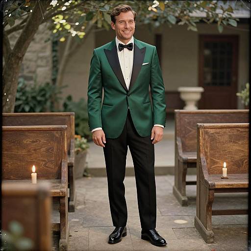 Photograph of a smiling man in a green tuxedo, black bowtie, white shirt, standing between wooden pews with lit candles outdoors.