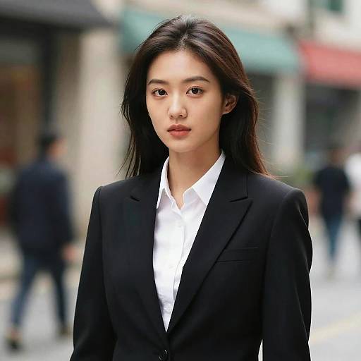 Photograph of an Asian woman with long black hair, wearing a black blazer over a white shirt, standing in a blurred urban street background.