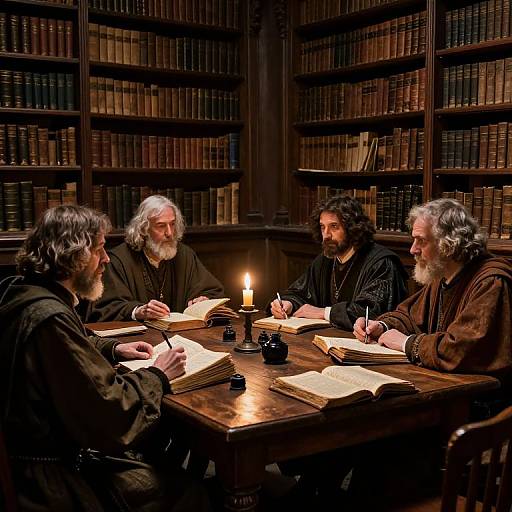 Photograph of four elderly men with white and gray beards, dressed in dark robes, seated around a wooden table in a dimly lit, book
