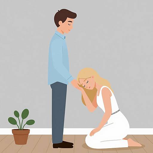 Woman Kneeling with Head on Man's Hand