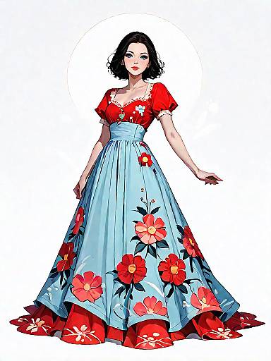 Woman in Red and Blue Floral Dress