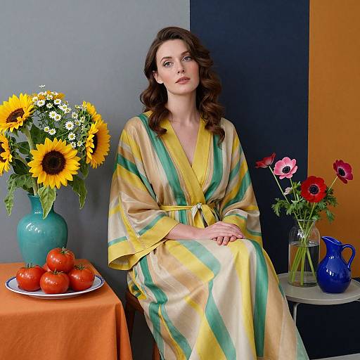Woman in Striped Robe with Vibrant Florals