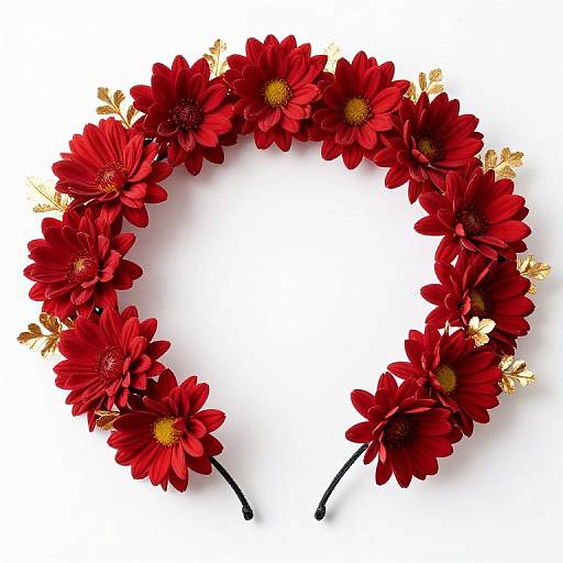 Photograph of a circular wreath made from vibrant red daisies with yellow centers and small gold leaves, set against a white background.