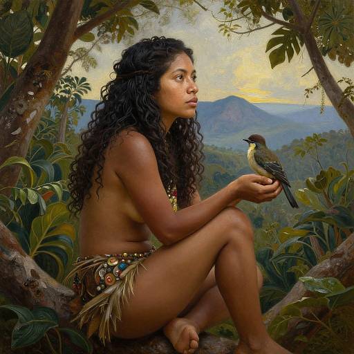 Photorealistic painting of a topless, curly-haired Indigenous woman with dark skin, seated in a jungle, holding a bird, wearing a beaded