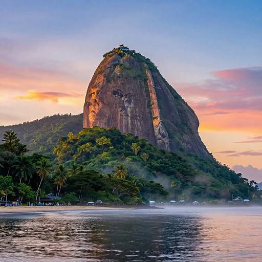 Photograph of a towering, rocky mountain with lush green trees at its base, reflected in a calm water body, against a colorful sunset sky with pink