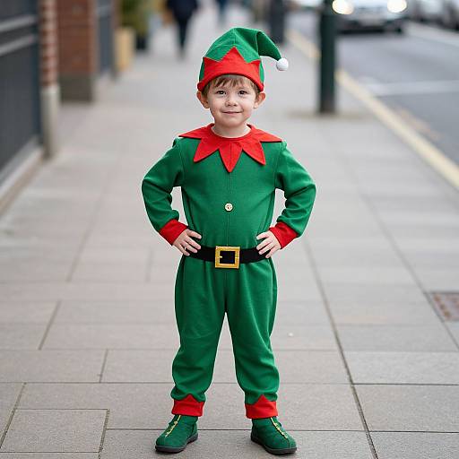 Photograph of a smiling young boy in a green elf costume with red collar, hat, and belt, standing on a city sidewalk.