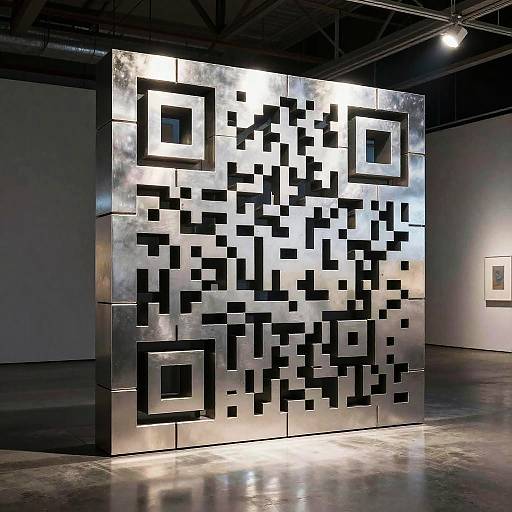 Photograph of a modern art installation featuring a large, metallic, pixelated wall with black and white squares in a grid pattern, illuminated by overhead lighting