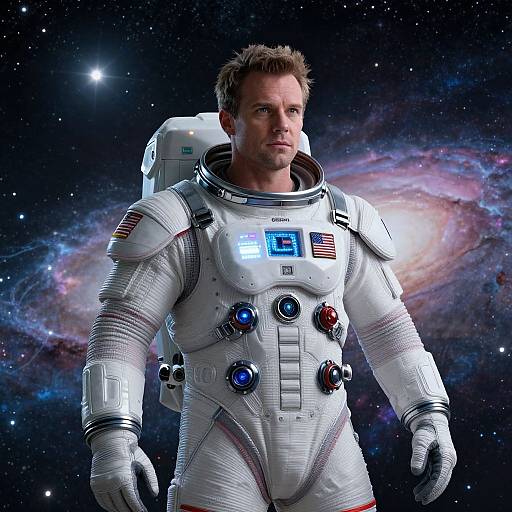 Photorealistic CGI of a muscular, serious-looking man in a white NASA spacesuit with American flag and control panels, standing in front of a colorful