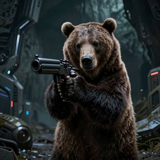 Digital art of a fierce brown bear holding a black handgun, standing in a dark, futuristic, cyberpunk-style alleyway.