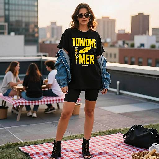 Photograph of a young woman with wavy brown hair, wearing sunglasses, black 