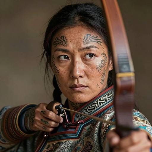 Photograph of a serious, tattooed Asian woman with braided hair, holding a traditional wooden bow, wearing intricate, patterned clothing.