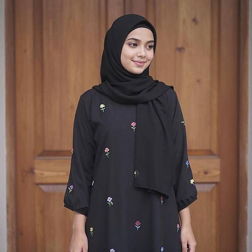 Young Woman in Floral Embroidered Hijab
