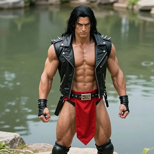 Muscular man with long black hair, wearing black spiked leather vest, red loincloth, black wristbands, and boots, stands by a lake