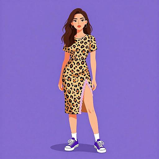 Woman in Leopard Print Dress with Sneakers