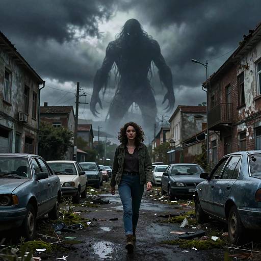 Photograph of a curly-haired woman in a green jacket walking down a rain-soaked, abandoned street, with a shadowy, towering monster looming omin