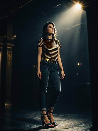 Woman in Casual Striped T-shirt and Denim Jeans
