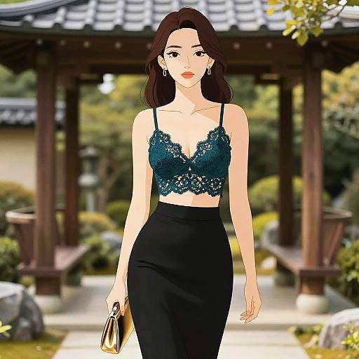 Digital anime-style drawing of a fair-skinned woman with long brown hair, wearing a teal lace bralette and black skirt, holding a purse, standing