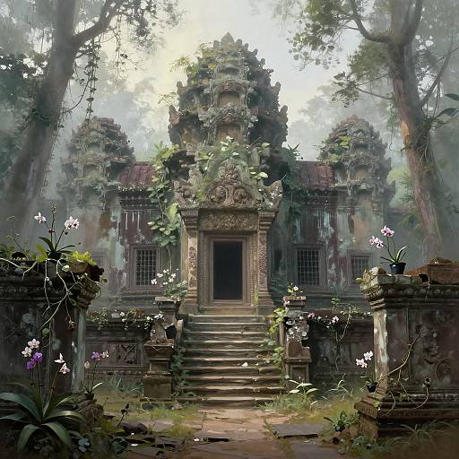 Digital artwork of a moss-covered, ancient temple with intricate carvings, surrounded by lush greenery and purple flowers, bathed in soft, eth