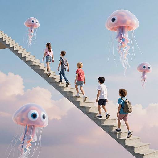 Photograph of six children walking up a staircase with whimsical, pink jellyfish with large eyes floating in a clear blue sky.
