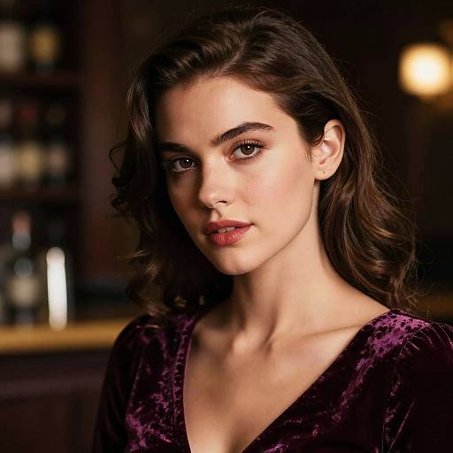 Photograph of a young woman with wavy brown hair, fair skin, and dark eyes, wearing a deep purple velvet dress, in a dimly