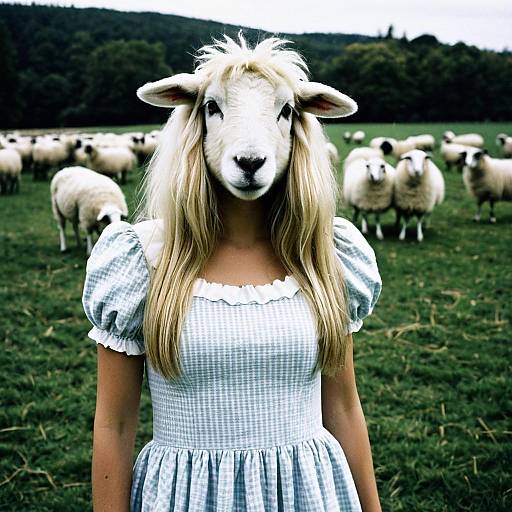 Woman Wearing Realistic Sheep Mask in Pasture