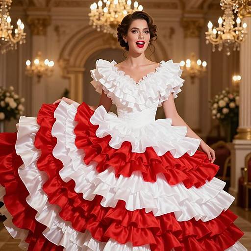 Photograph of a smiling woman in a vibrant, multi-layered white and red ruffled ball gown, standing in an elegant, chandelier-lit
