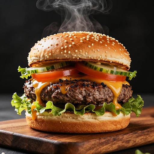 Photograph of a juicy beef burger with melted cheese, sesame seed bun, lettuce, tomato, onion, and smoke rising, on a wooden board.