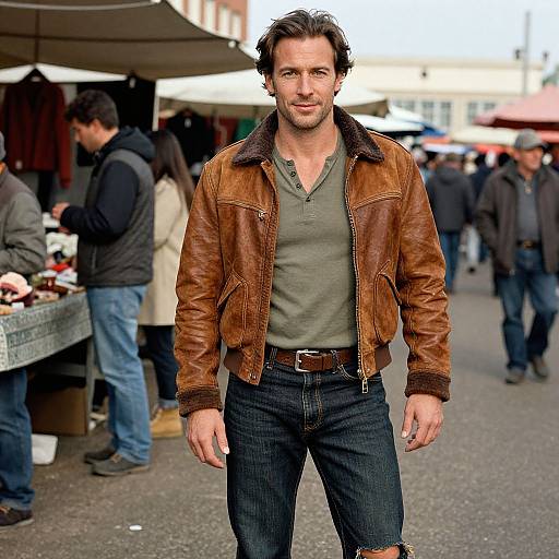 Photograph of a handsome, middle-aged man with wavy brown hair, green shirt, brown leather jacket, and dark jeans, standing in a busy