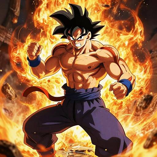 Muscular anime character with spiky black hair, glowing orange flames surrounding him, clenched fists, wearing dark pants and blue wristbands. Dynamic,