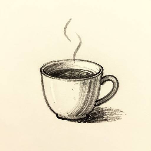 Black-and-white sketch of a steaming cup of coffee, with a simple, round design and a single handle, casting a shadow on a plain background