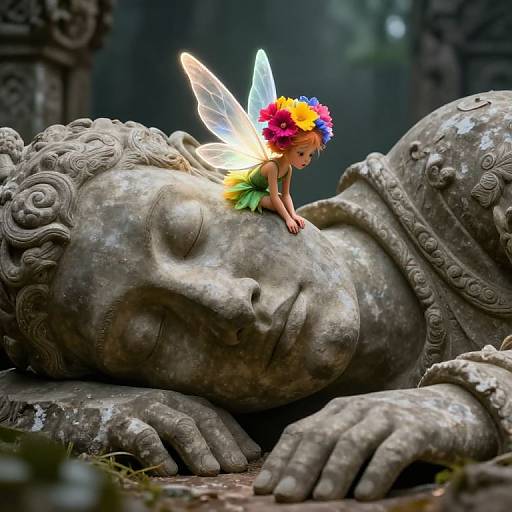 Photograph of a colorful fairy with translucent wings and a flower crown, sitting on a large, serene stone Buddha statue in a misty, ancient temple