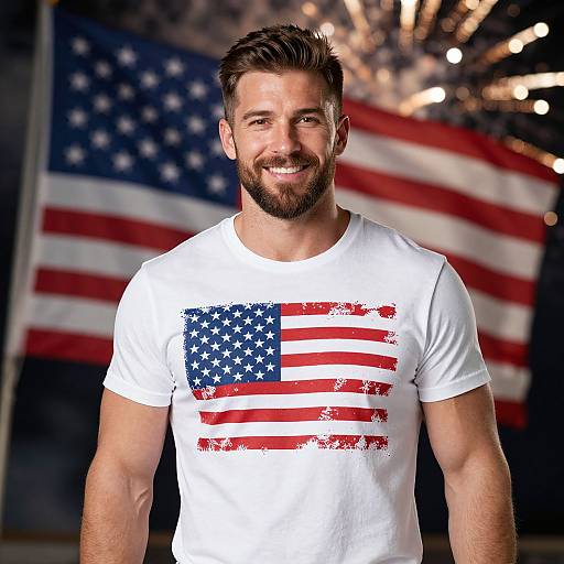 Photograph of a smiling, bearded man with short brown hair, wearing a white t-shirt with a distressed American flag design, standing in front of