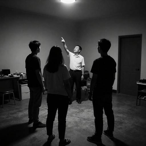 Shadowed Room with Man Pointing Up