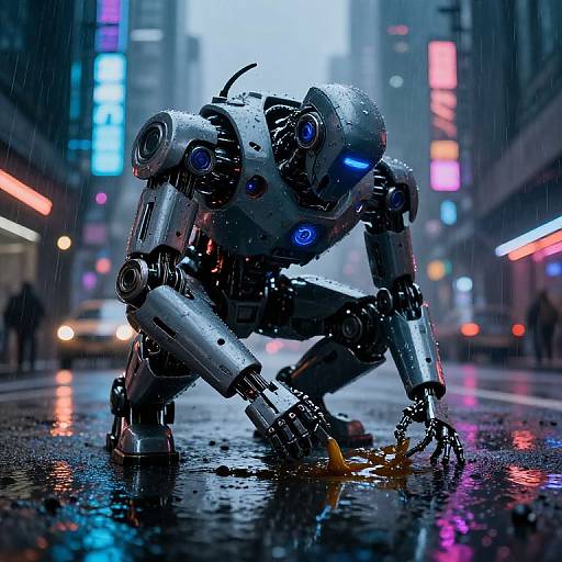 Cybernetic robot crouching in rainy, neon-lit city street, splashing puddles. Bright blue eyes, metallic body, futuristic