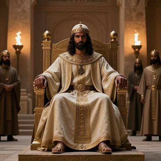 Photograph-style digital image of a bearded king with long black hair, wearing gold-trimmed white robes and crown, seated on ornate throne